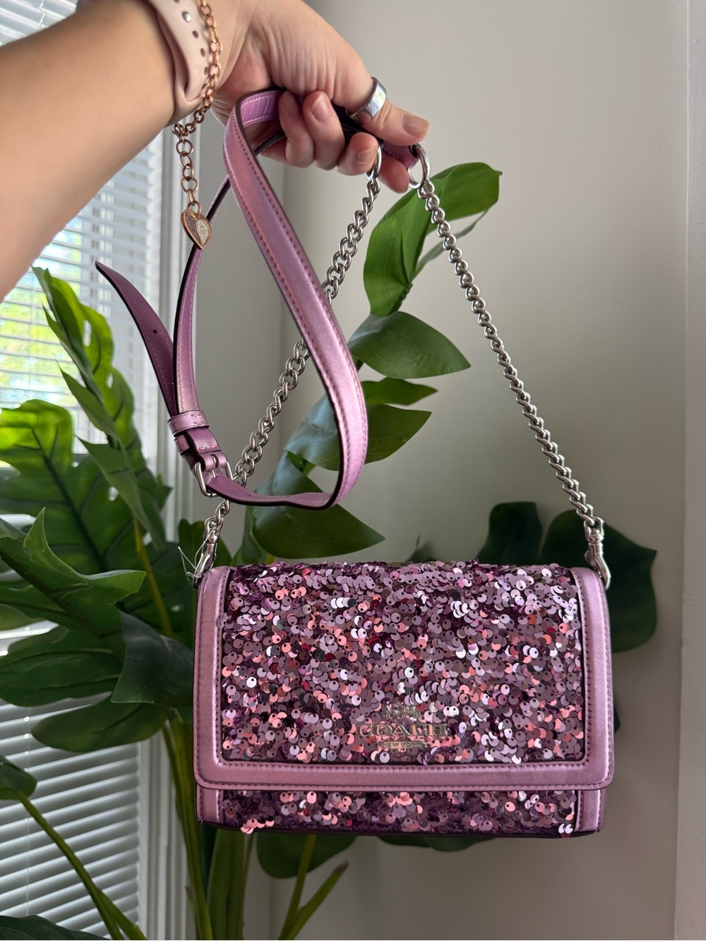 Lilac Sequined Coach Flap Clutch Crossbody